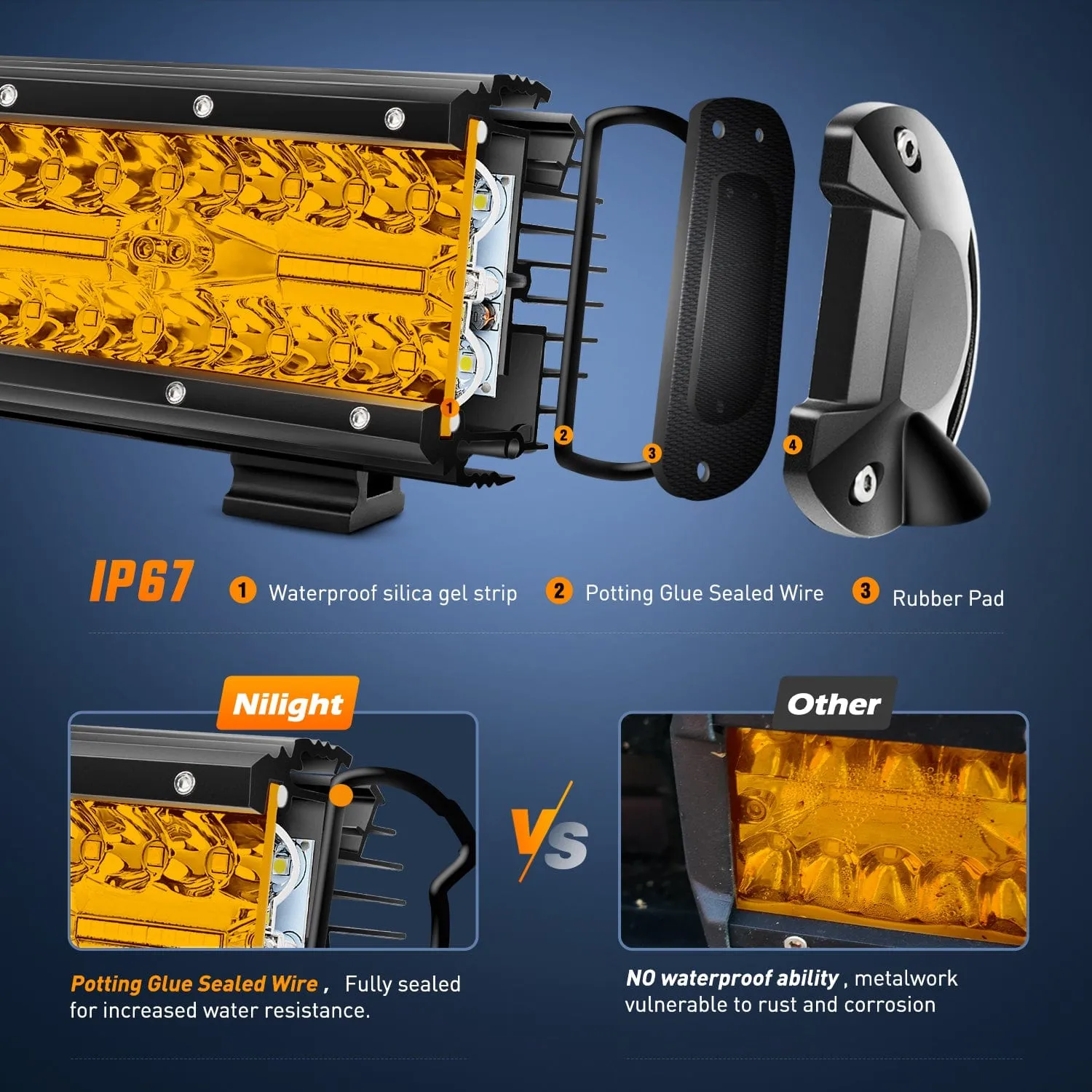 20Inch Amber 420W Led Light Bar with 16AWG 5Pin Rocker Switch Wiring Harness Kit 1 Lead