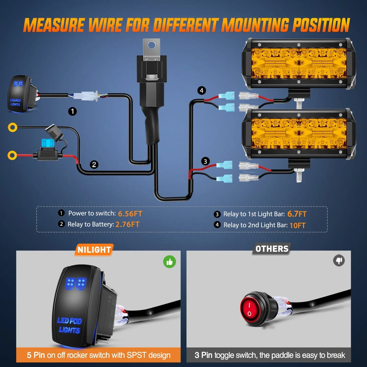 2PCS 6.5Inch Amber 120W Led Light Bar with 16AWG 5Pin Rocker Switch Wiring Harness Kit 2 Leads