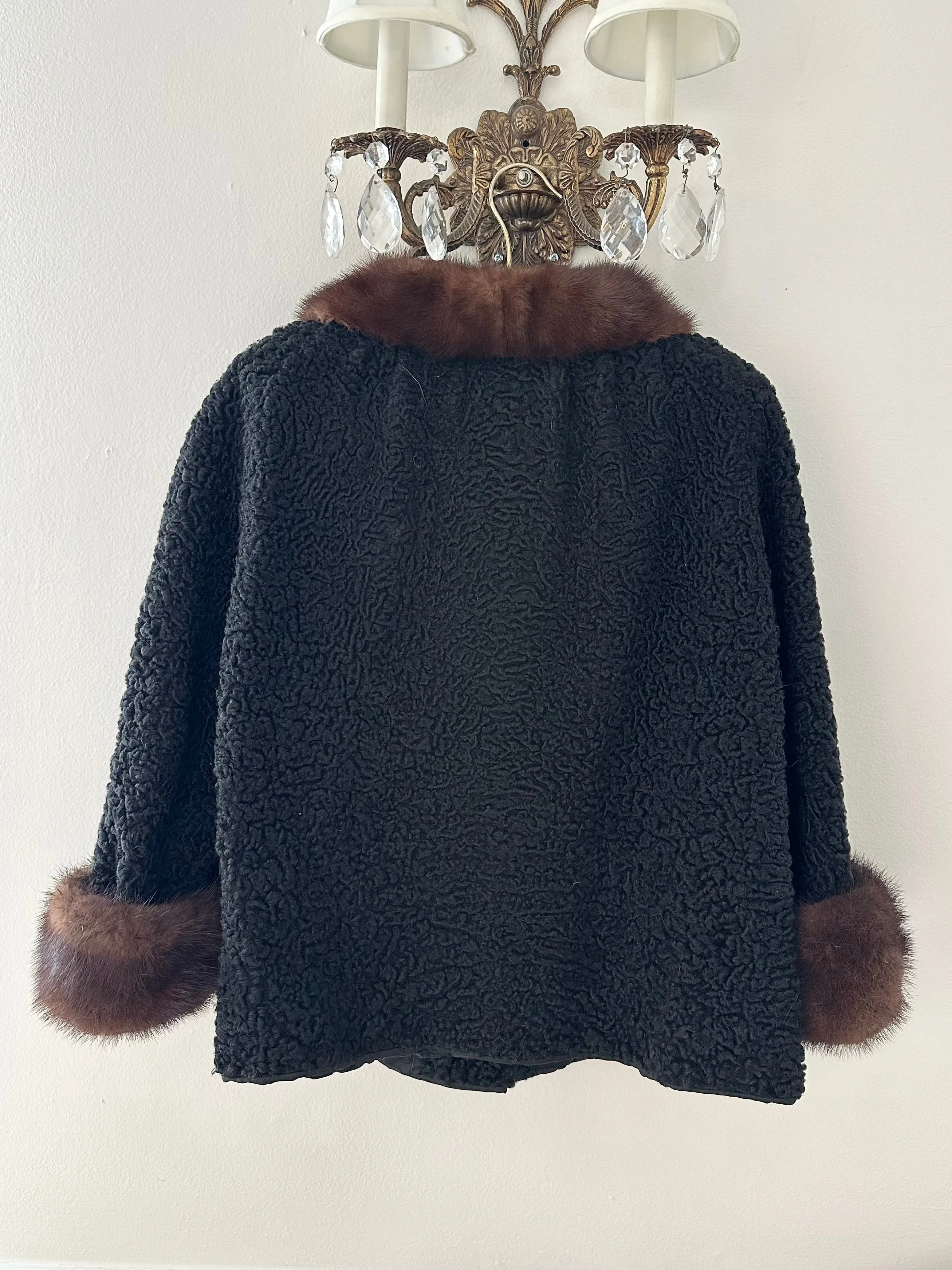 50s Black Mink Collar Sherpa Wool Coat (M)