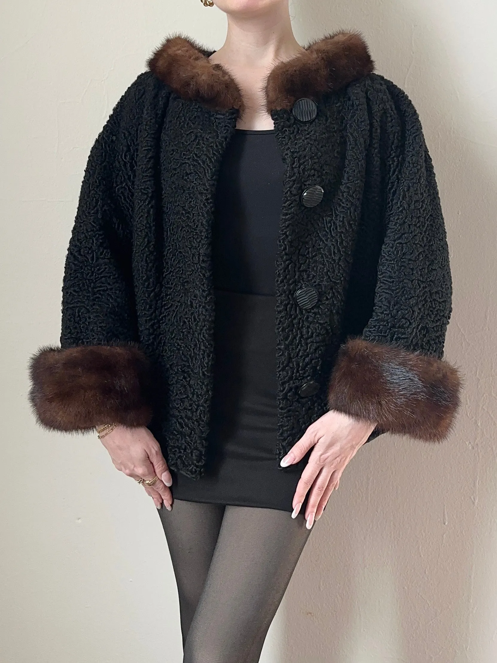 50s Black Mink Collar Sherpa Wool Coat (M)