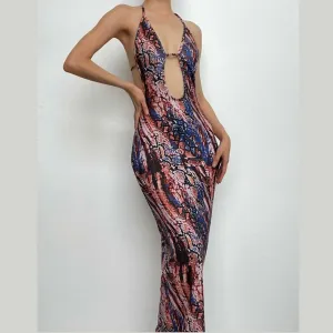 Backless hollow out halter self tie contrast print cut out maxi dress