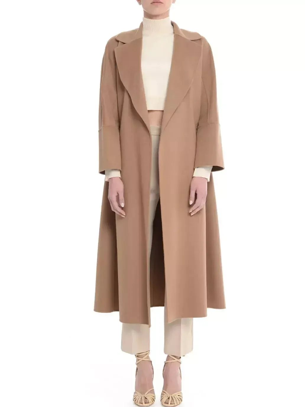 Belted Bathrobe Style Wool Wrap Coat in Camel