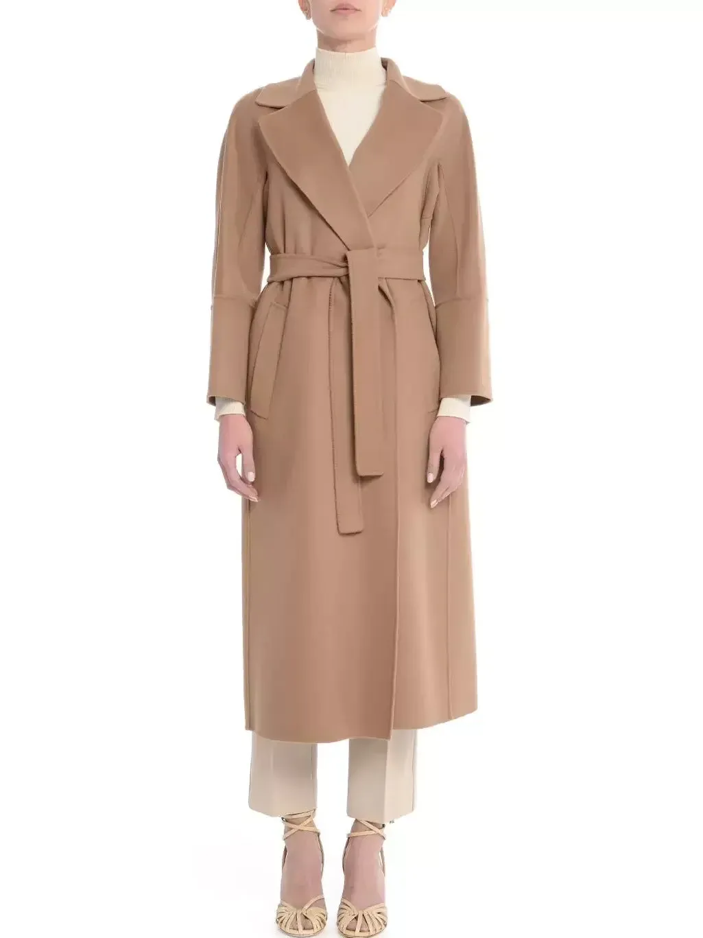 Belted Bathrobe Style Wool Wrap Coat in Camel