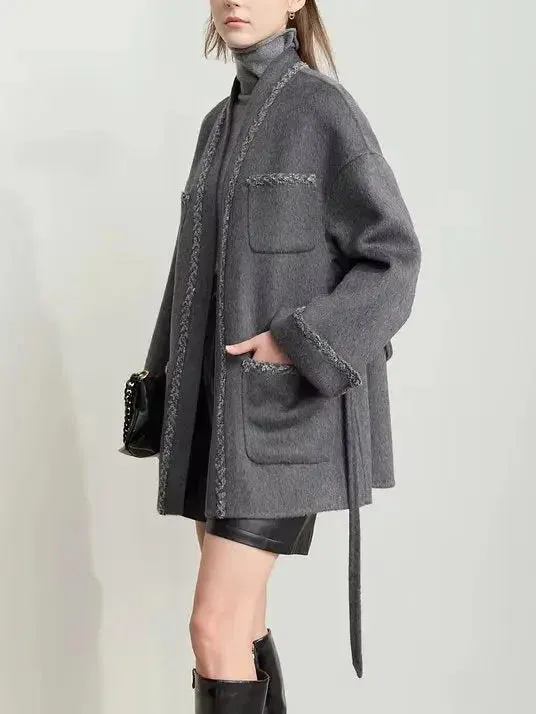Belted Grey Wrap Short Wool-Blend Coat
