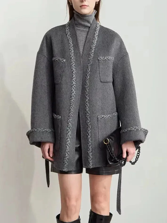 Belted Grey Wrap Short Wool-Blend Coat