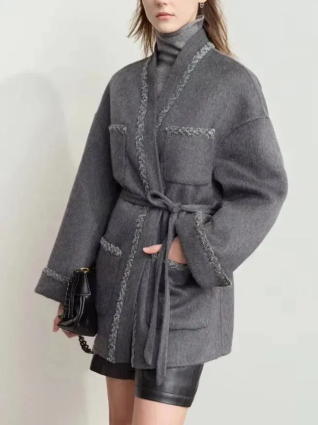 Belted Grey Wrap Short Wool-Blend Coat
