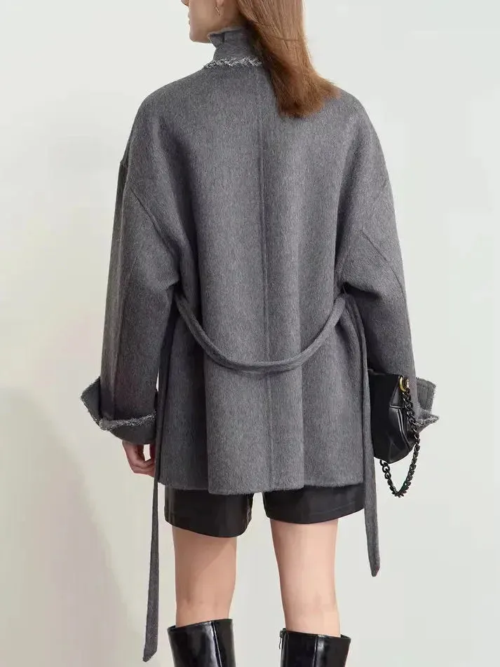 Belted Grey Wrap Short Wool-Blend Coat