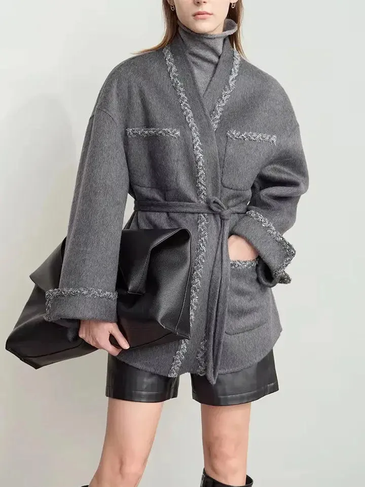Belted Grey Wrap Short Wool-Blend Coat