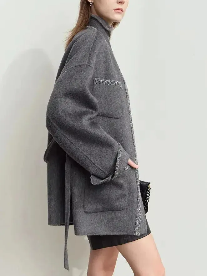 Belted Grey Wrap Short Wool-Blend Coat