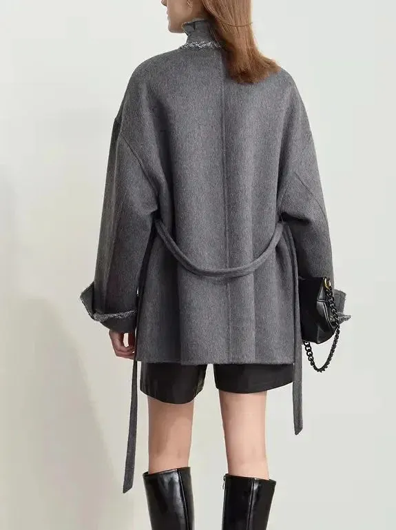Belted Grey Wrap Short Wool-Blend Coat