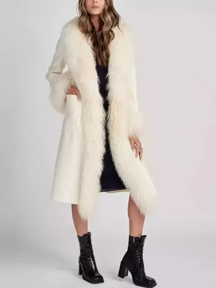 Belted Wool Cashmere and Mongolian Fur Coat in White