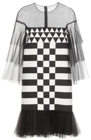 Black Tulle-inset Geometric-print Mini Dress