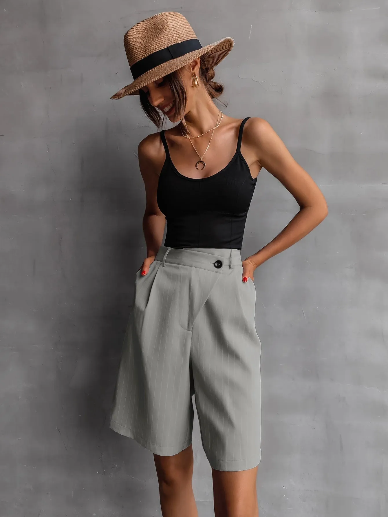 Casual Striped Pocket Natural Women Shorts