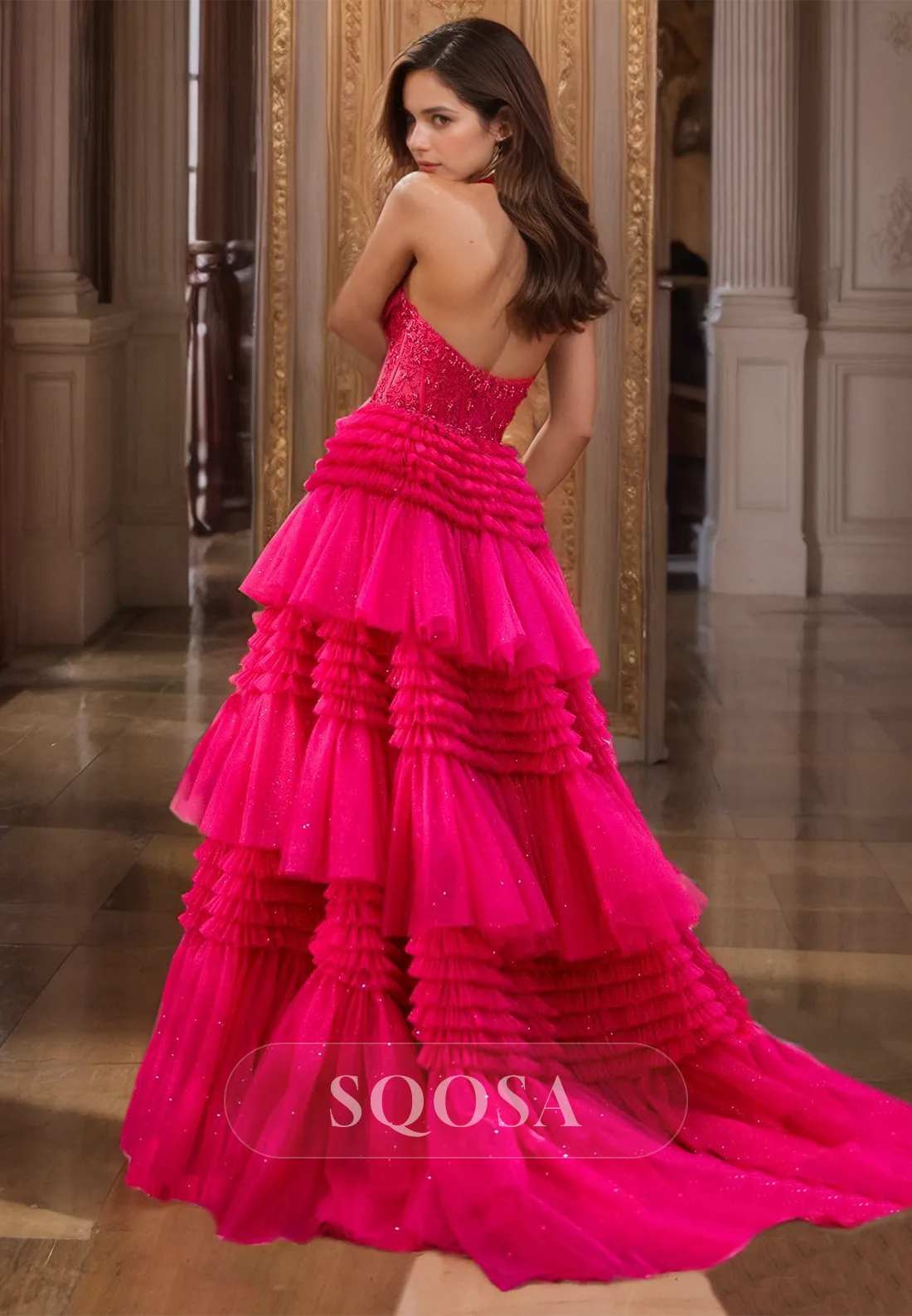Deep V-Neck Sleeveless Beaded A-Line Formal Gowns Straps Slit with Tulle Train Prom Dress
