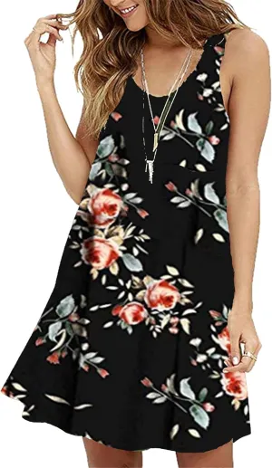 DIACACY Women's Casual Mini Sundress Floral Printed Summer Beach Tank Dress Scoop Neck Sleeveless Loose Dress