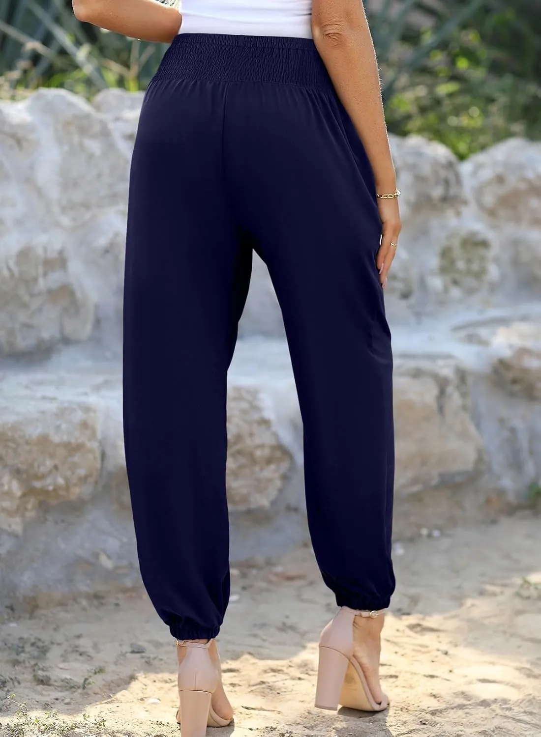 Dokotoo Womens High Waisted Pants Summer Casual Loose Wide Leg Palazzo Flowy Beach Trousers with Pockets