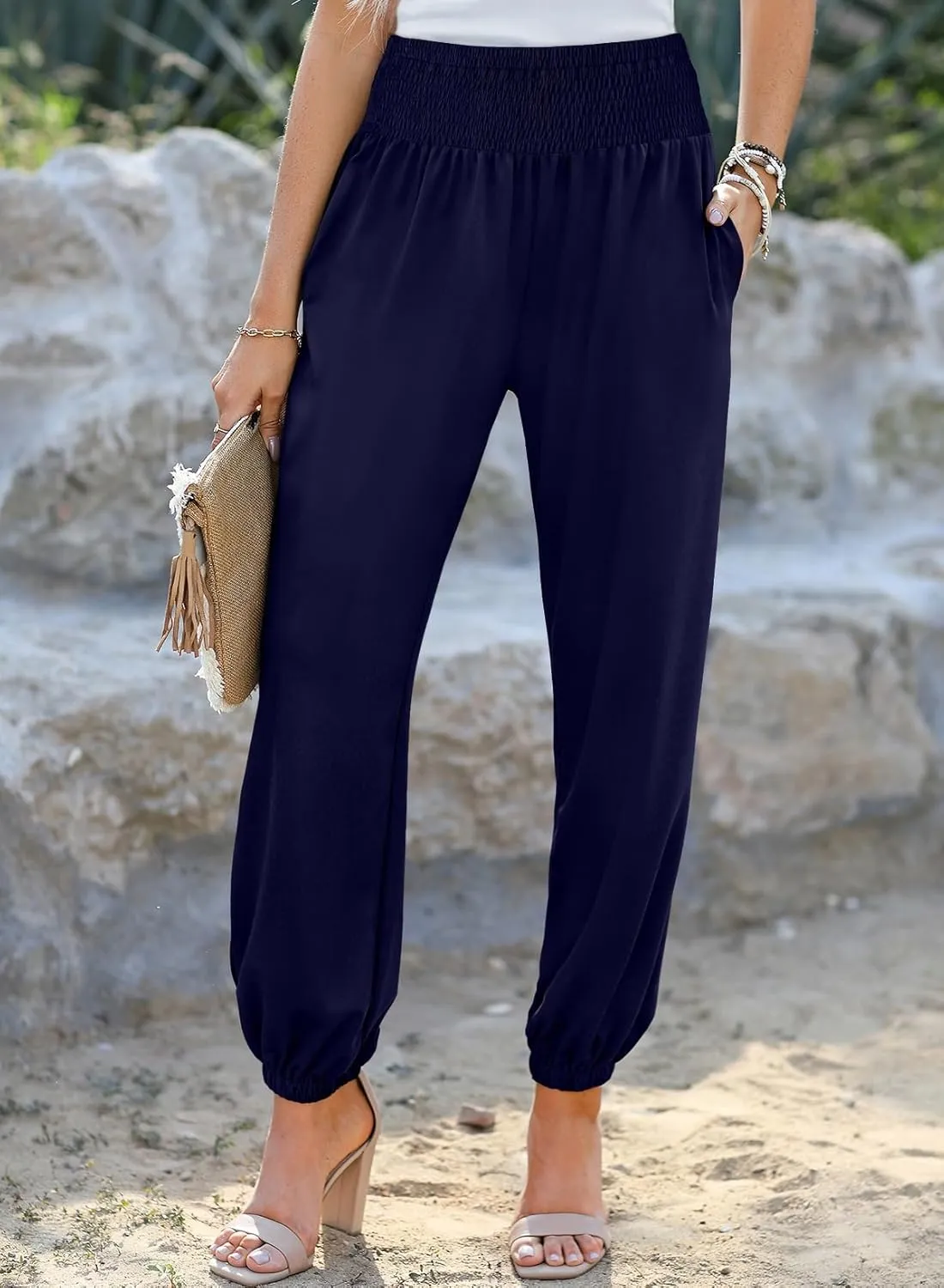 Dokotoo Womens High Waisted Pants Summer Casual Loose Wide Leg Palazzo Flowy Beach Trousers with Pockets