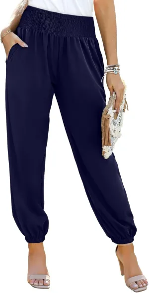 Dokotoo Womens High Waisted Pants Summer Casual Loose Wide Leg Palazzo Flowy Beach Trousers with Pockets
