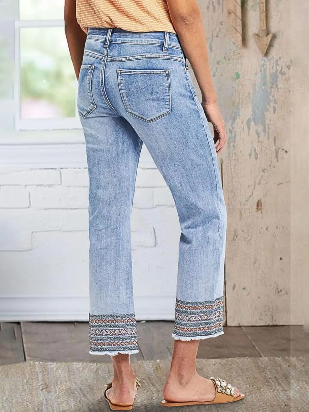 Flamingals Straight Leg Jeans for Women Low Rise Cropped Jeans Wash Embroidery Raw Hem Denim Pants