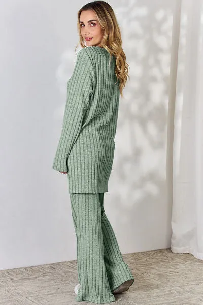 Full Size Ribbed High-Low Top and Wide Leg Pants Set