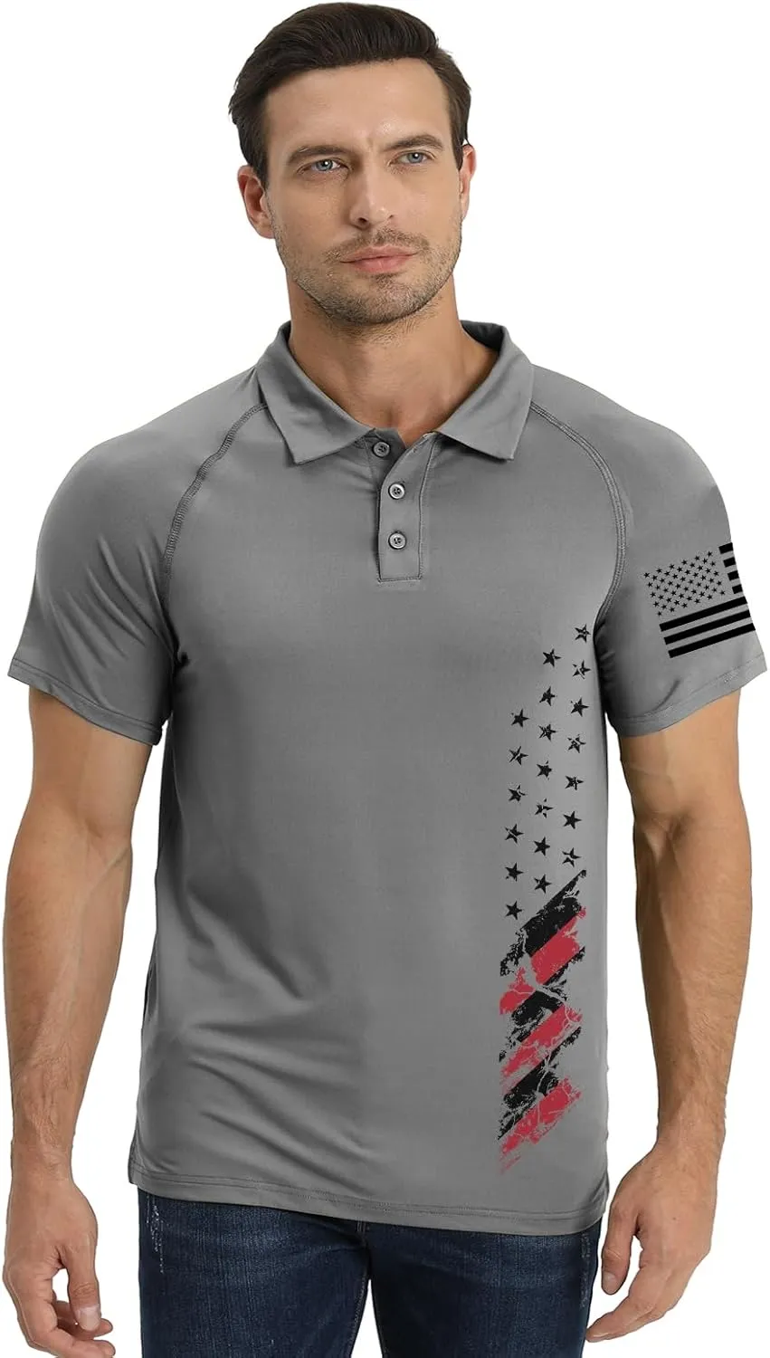 H HYFOL Short Sleeve Polo Shirts for Men Graphic Stretch Casual American Patriotic Raglan Golf Polos for Men