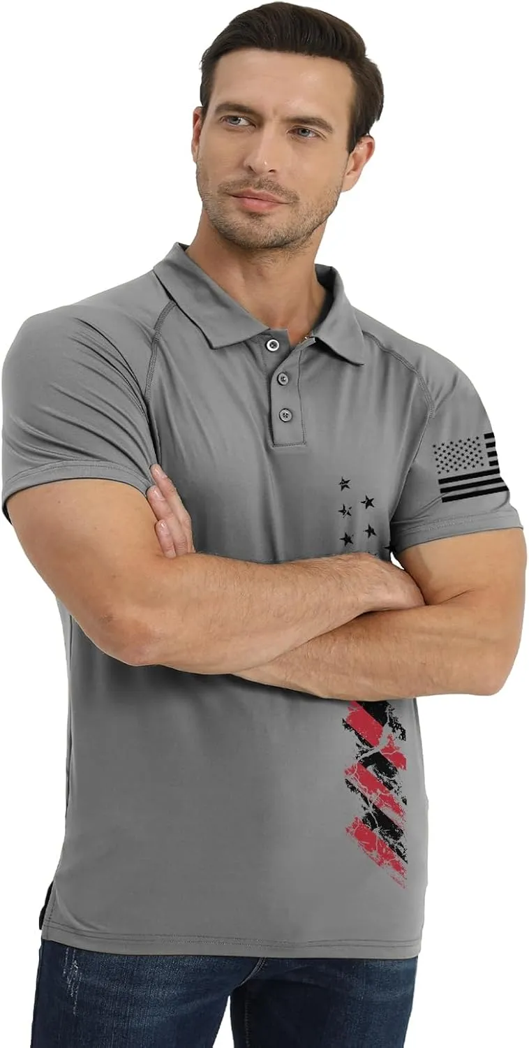 H HYFOL Short Sleeve Polo Shirts for Men Graphic Stretch Casual American Patriotic Raglan Golf Polos for Men