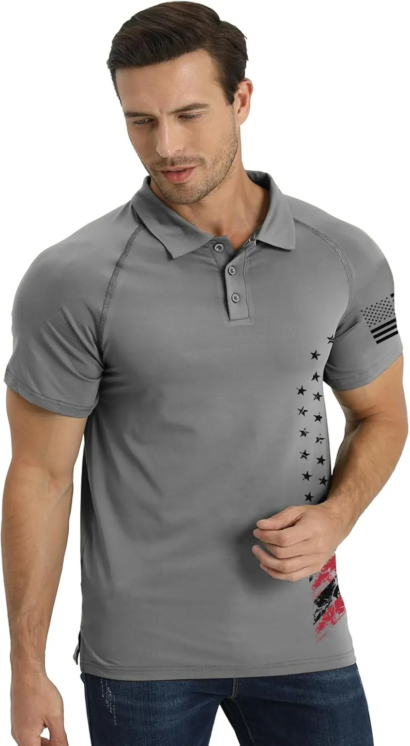 H HYFOL Short Sleeve Polo Shirts for Men Graphic Stretch Casual American Patriotic Raglan Golf Polos for Men