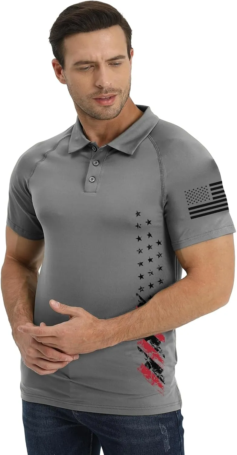 H HYFOL Short Sleeve Polo Shirts for Men Graphic Stretch Casual American Patriotic Raglan Golf Polos for Men