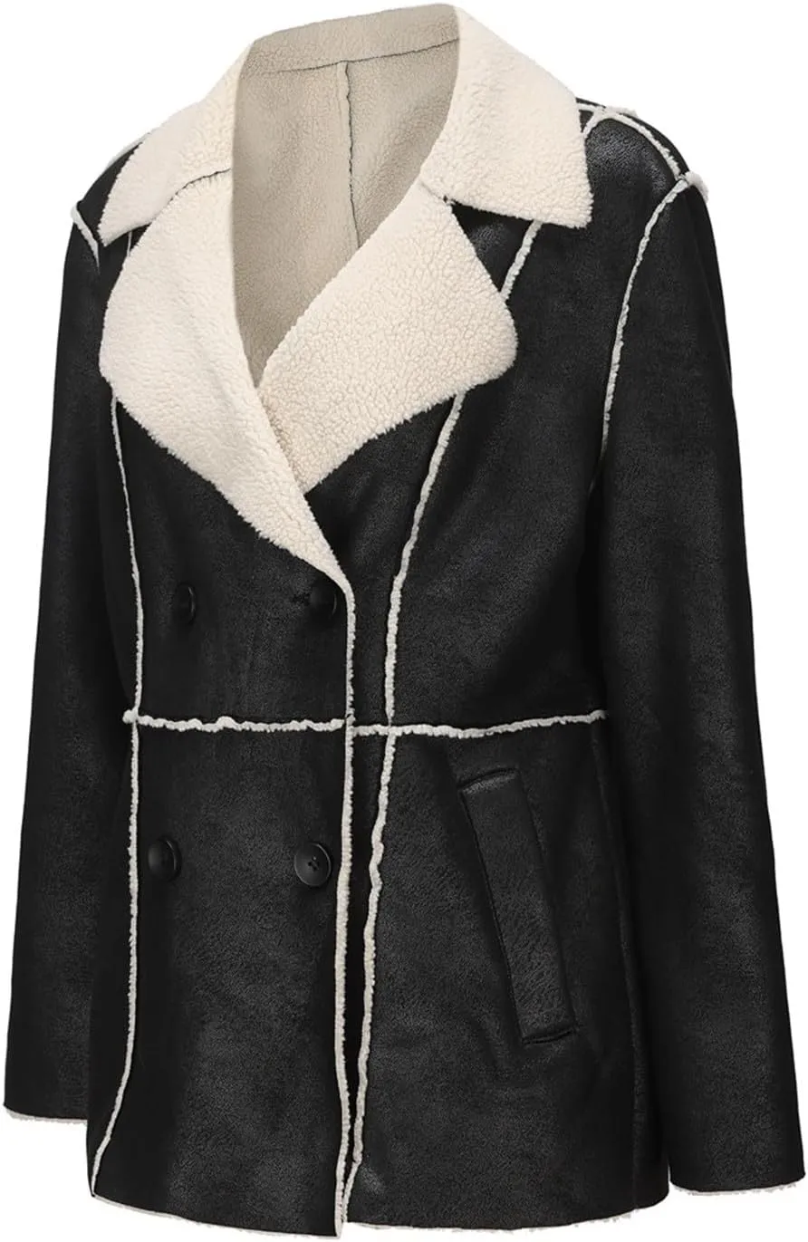 Hasta Women's Faux Leather Jackets Warm Fleece Zip Short PU Moto Winter Coats 2023 Slim Cropped Faux Suede Jacket Plus Size