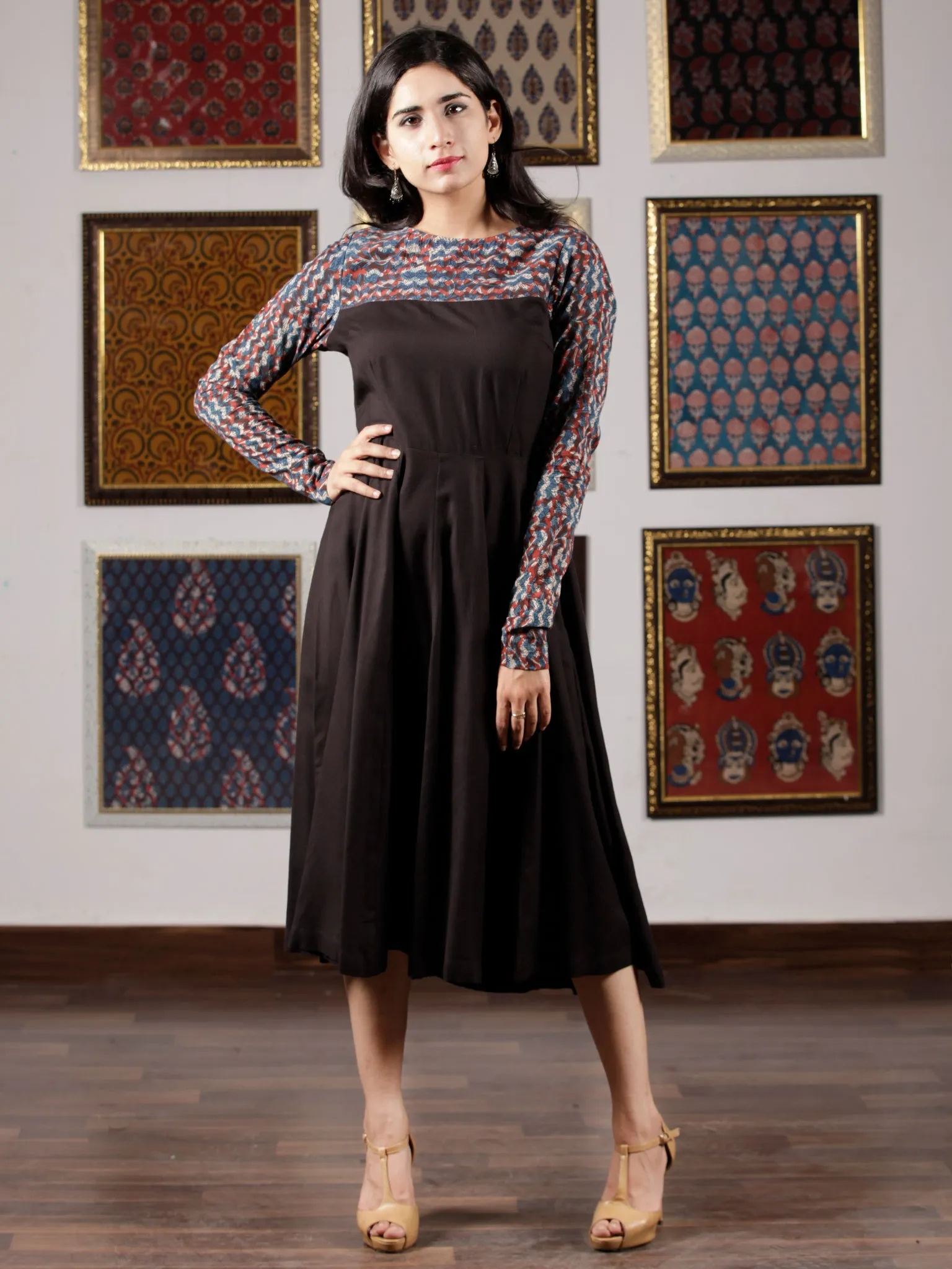 Indigo Black Rust Hand Block Printed Midi Dress - D260F1366