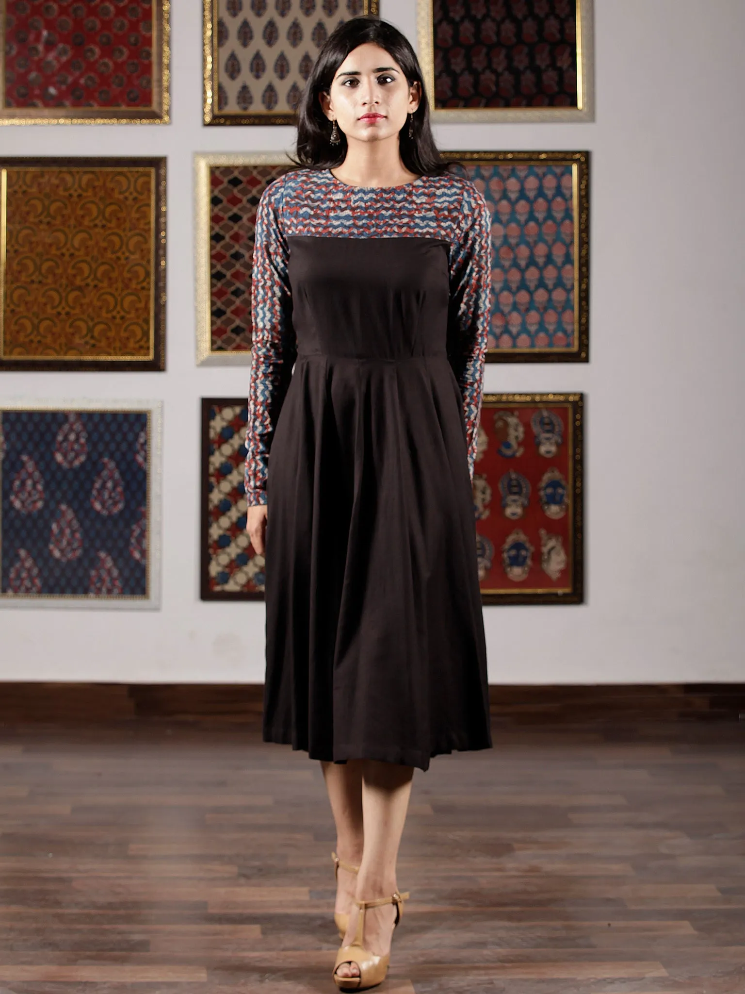 Indigo Black Rust Hand Block Printed Midi Dress - D260F1366