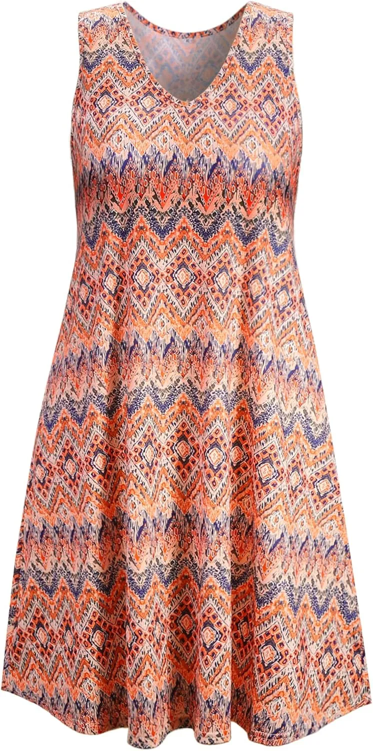Ivicoer Women's Summer Beach Dresses V-Neck Floral Printed Tank Swing Dress Plus Size with Pocket(L-5XL)