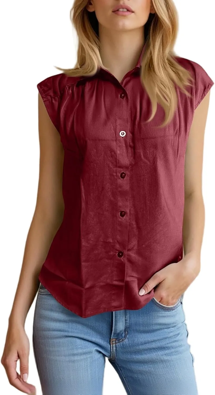 Linen Button Down Shirt Women 2025 Summer Collared Gauze Shirts Cap Sleeve Dress Shirts Business Casual Work Blouses
