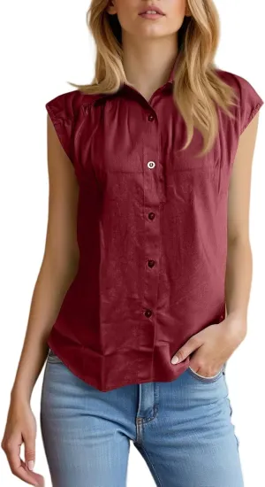 Linen Button Down Shirt Women 2025 Summer Collared Gauze Shirts Cap Sleeve Dress Shirts Business Casual Work Blouses