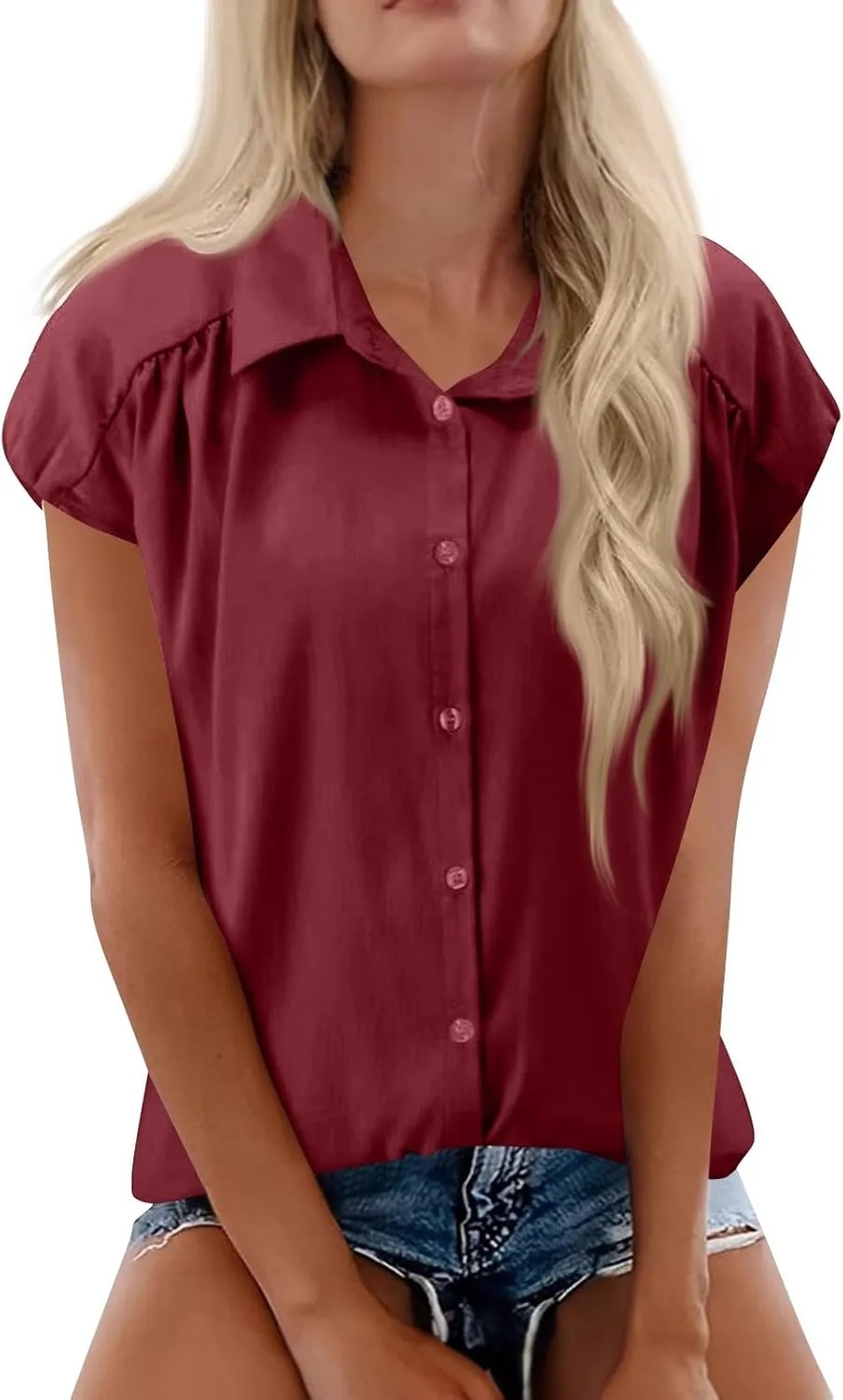 Linen Button Down Shirt Women 2025 Summer Collared Gauze Shirts Cap Sleeve Dress Shirts Business Casual Work Blouses