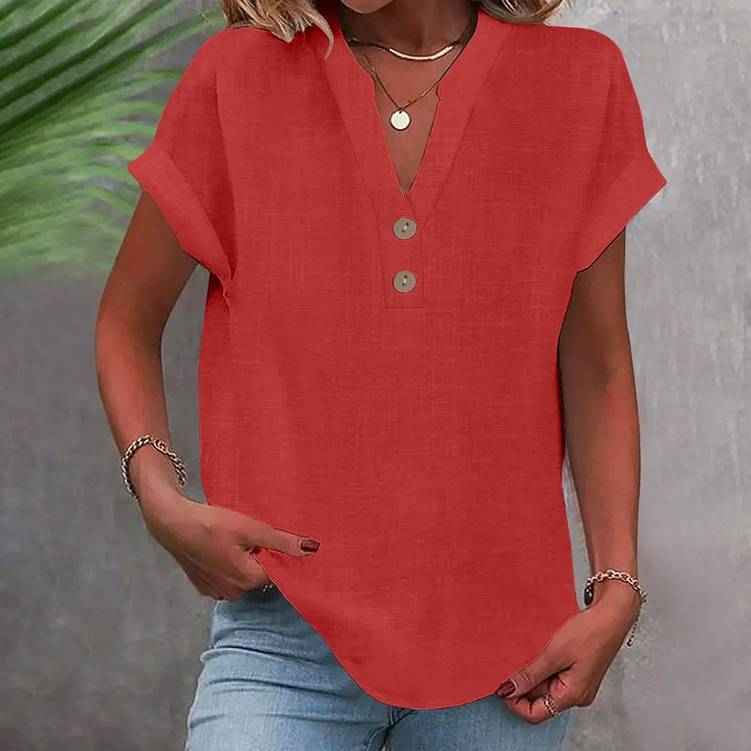 Linen Shirts for Women Cotton Button Up Shirt Short Sleeve Roll Up Loose Fit V-Neck Summer Casual Work Blouse Tops