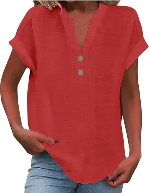 Linen Shirts for Women Cotton Button Up Shirt Short Sleeve Roll Up Loose Fit V-Neck Summer Casual Work Blouse Tops
