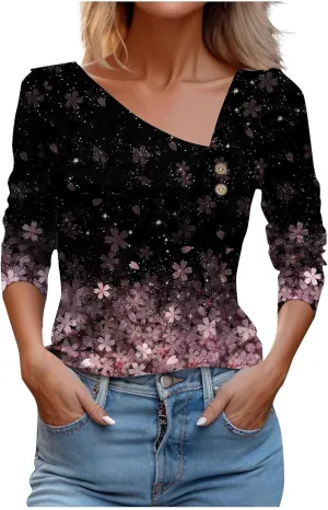 LRMQS Spring Tops for Women 2024 Trendy Casual Long Sleeve Asymmetric V Neck Button Blouses Dressy Woman Shirts Clothing