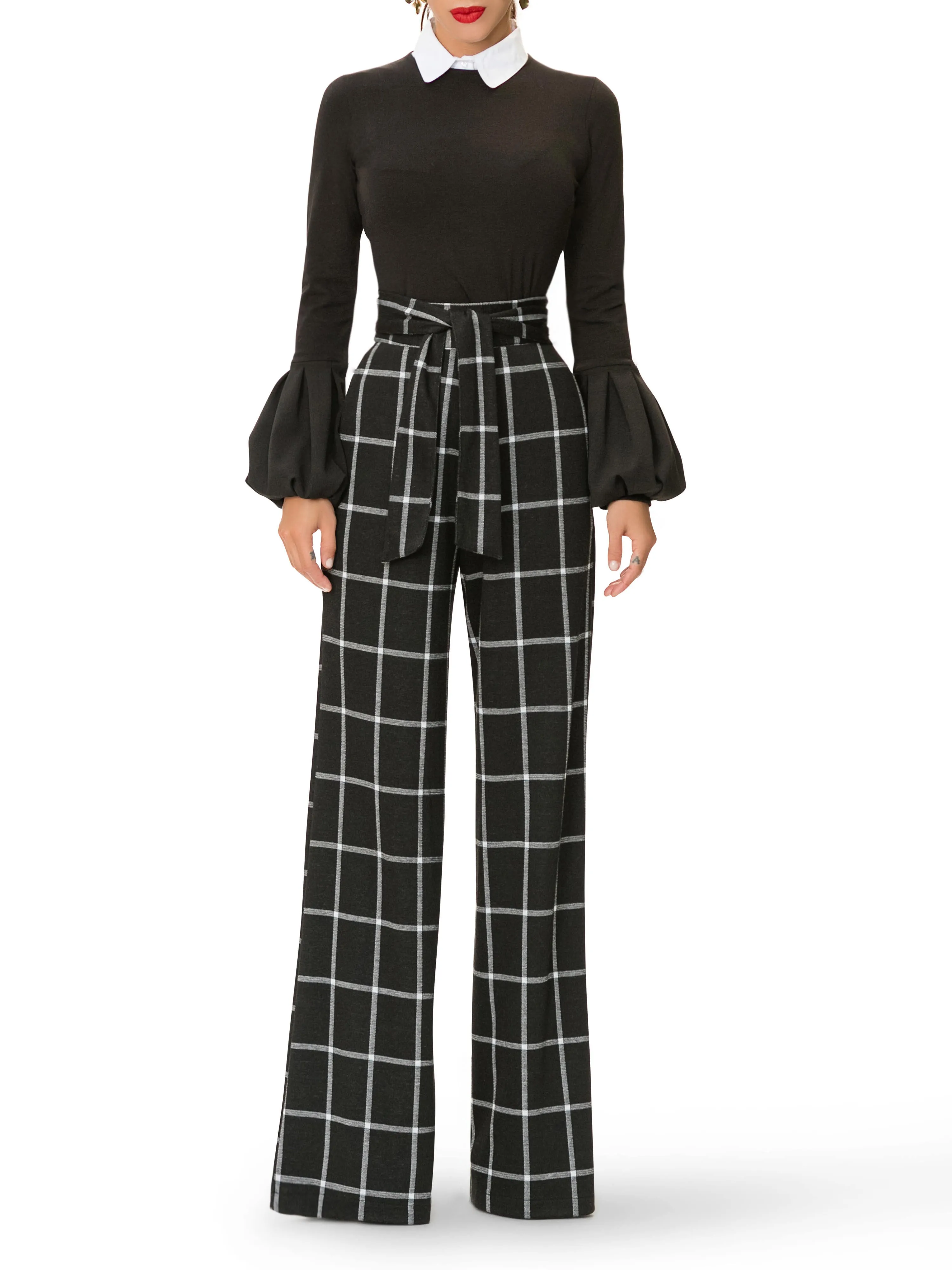 "Rita" Windowpane Belted Pants