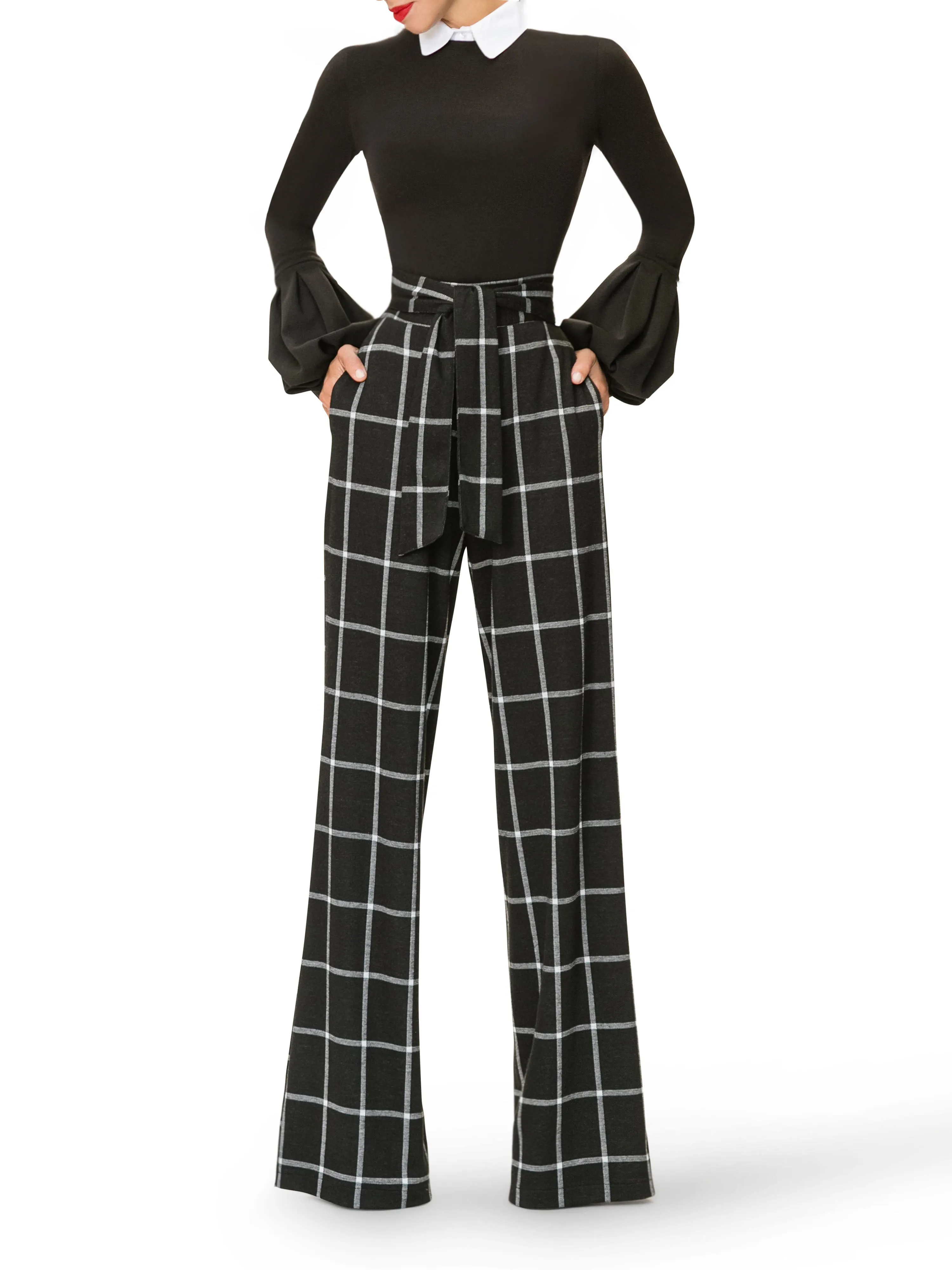 "Rita" Windowpane Belted Pants