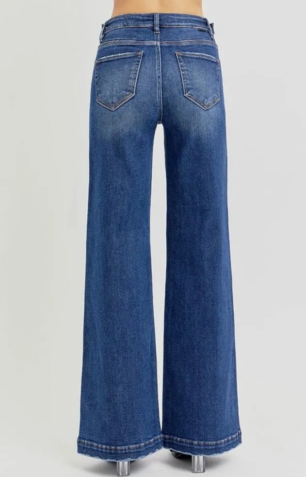 Risen Tummy Control High Rise Wide Leg Adjustable Waist Band Jeans