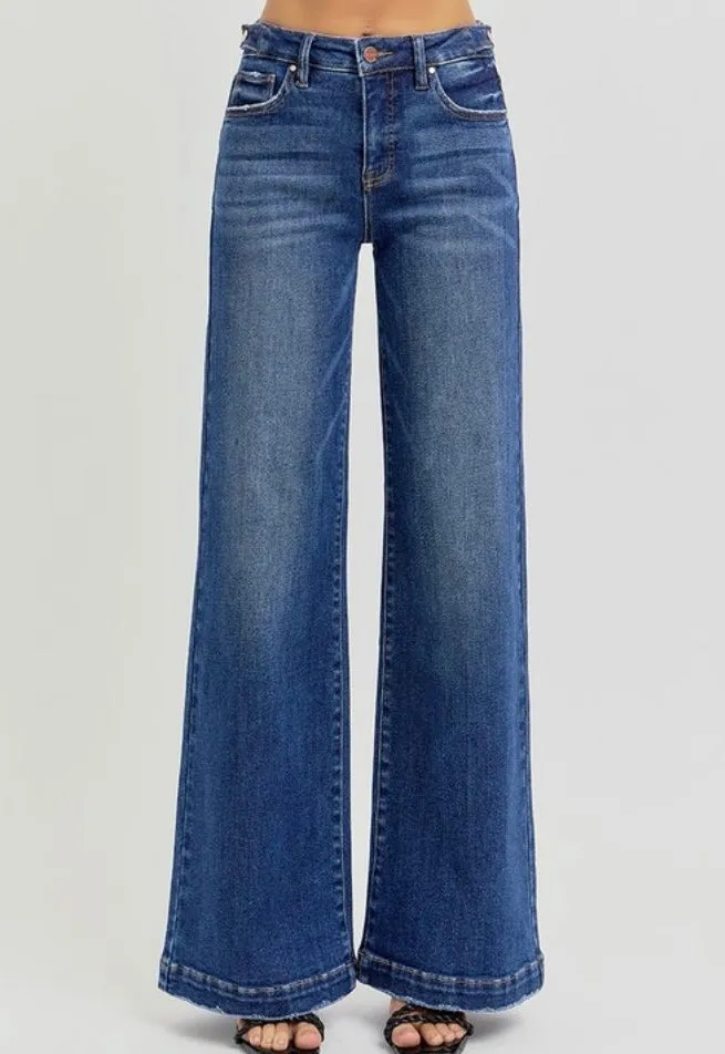 Risen Tummy Control High Rise Wide Leg Adjustable Waist Band Jeans