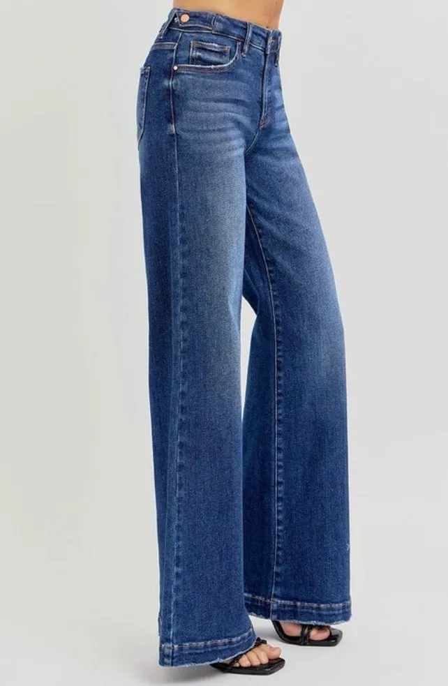 Risen Tummy Control High Rise Wide Leg Adjustable Waist Band Jeans