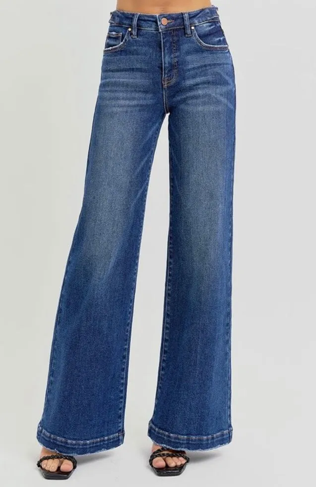Risen Tummy Control High Rise Wide Leg Adjustable Waist Band Jeans