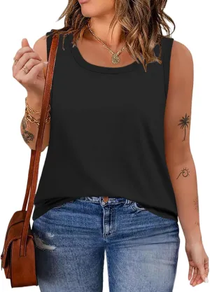 ROSRISS Plus Size Tank Tops for Women Summer Basic Crewneck Tees Soft Cozy Loose Fit Curved Hem Sleeveless Shirts