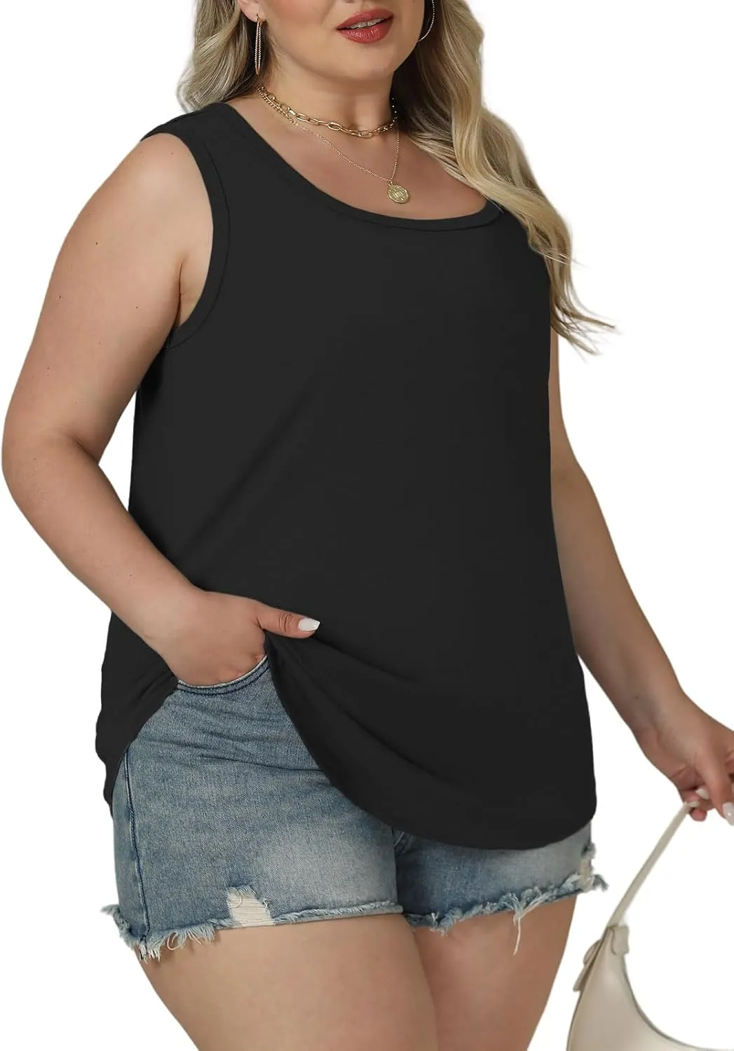 ROSRISS Plus Size Tank Tops for Women Summer Basic Crewneck Tees Soft Cozy Loose Fit Curved Hem Sleeveless Shirts