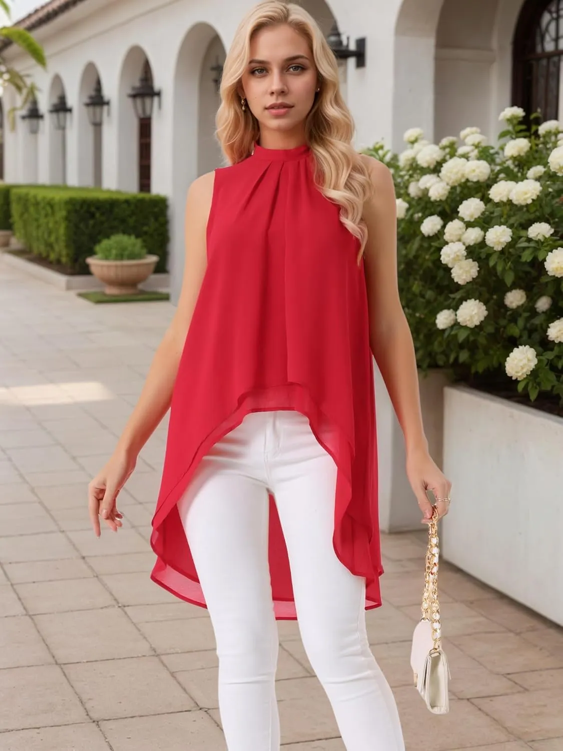 Seta T Women's High Low Tops Mock Neck Chiffon Blouse Tie Back Asymmetrical Sleeveless Shirt Casual Summer Top