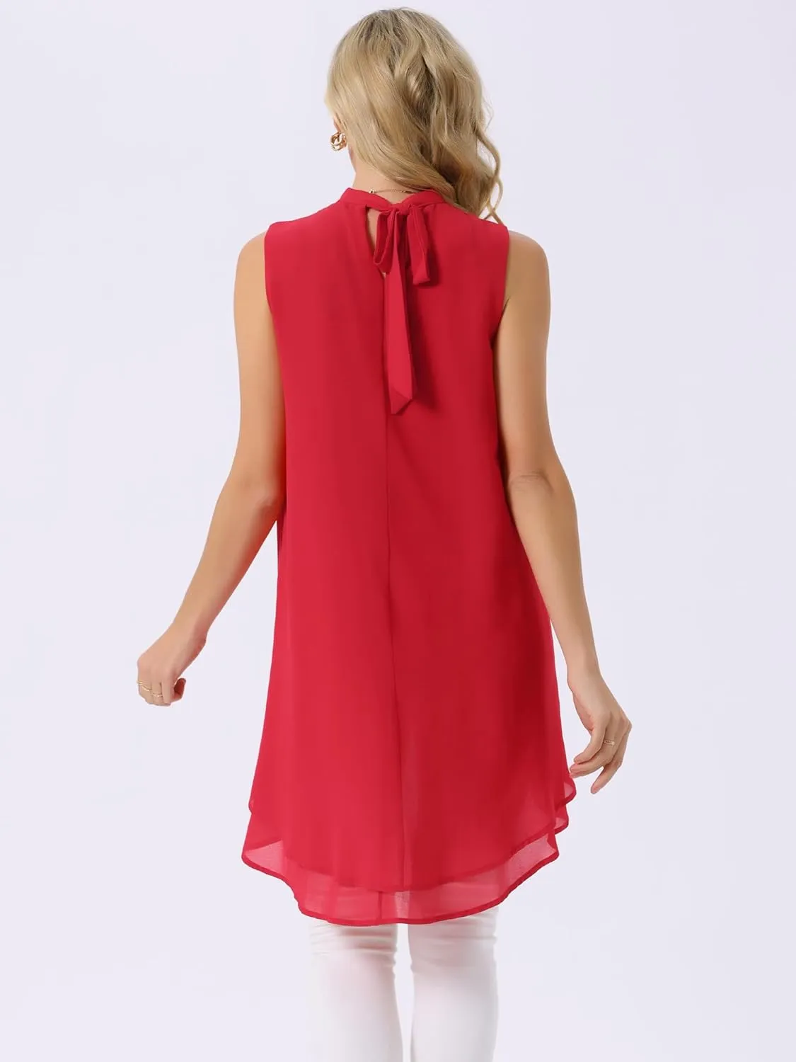 Seta T Women's High Low Tops Mock Neck Chiffon Blouse Tie Back Asymmetrical Sleeveless Shirt Casual Summer Top
