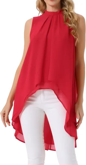 Seta T Women's High Low Tops Mock Neck Chiffon Blouse Tie Back Asymmetrical Sleeveless Shirt Casual Summer Top