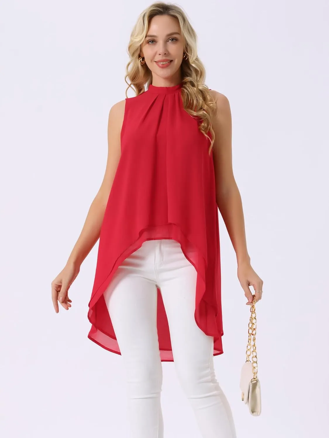 Seta T Women's High Low Tops Mock Neck Chiffon Blouse Tie Back Asymmetrical Sleeveless Shirt Casual Summer Top